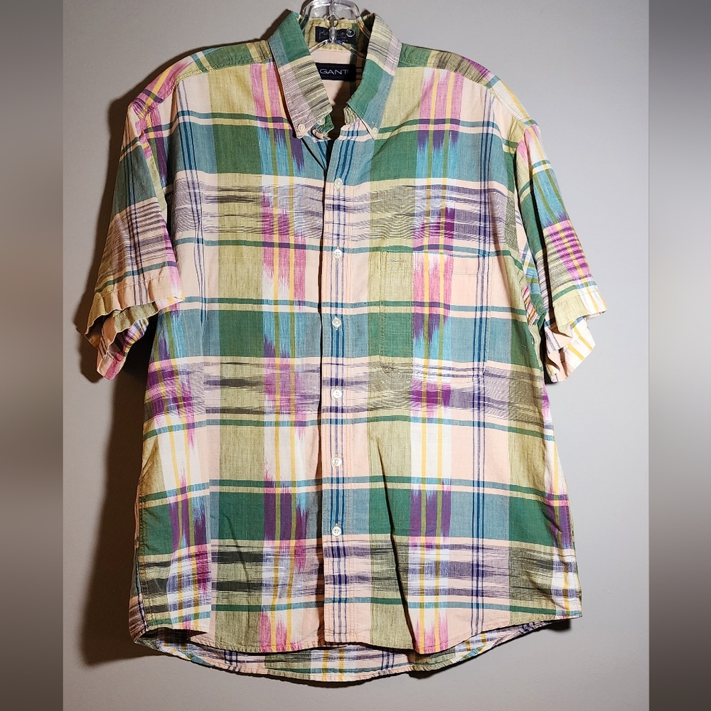 Large GANT Multicolor Plaid Men's Shirt 100% Cotton Authentic Indian Ikat